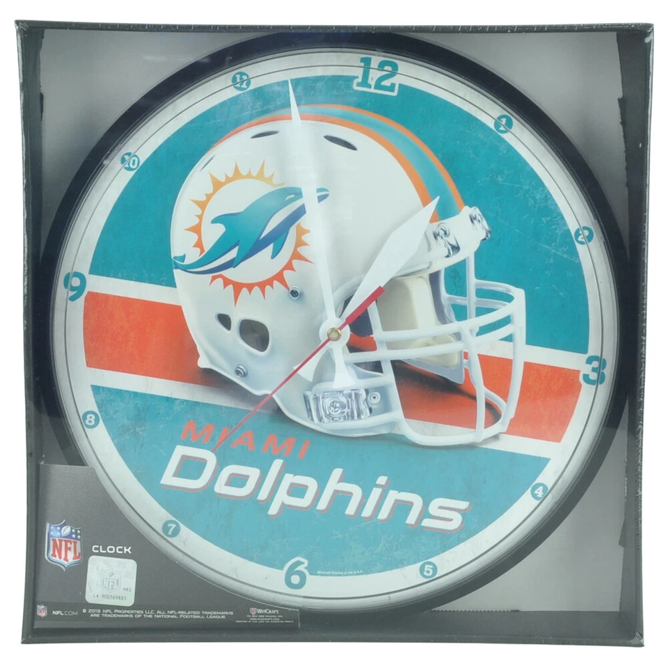 NFL Miami Dolphins Helmet Glass Round Analog Wall Clock Collectors 14'' Football - Image 1 of 1