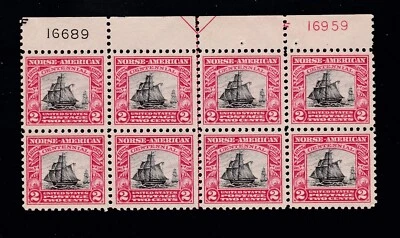 US 620 2c Norse-American Mint Top Plate Block of 8 XF OG NH  (BB11) - Image 1 of 2