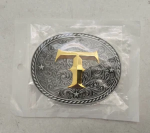 Western Initial ( T, Gold ) Belt Buckle 3.75" x 3" For 1.75" Belt Silver / Grey - Picture 1 of 2