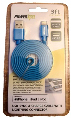 🔥PowerXcel 3ft Flat Cable USB Blue Charger For iPad iPhone iPod New🔥 - Image 1 of 3