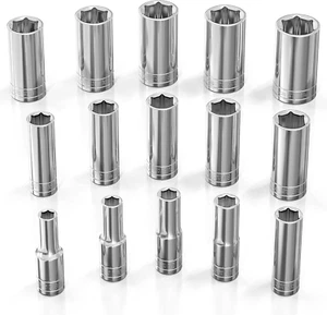 SAE Socket Set (15Pc) | 1/2-Inch Drive | 6-Point Deep Socket Set | Standard Impe - Picture 1 of 7