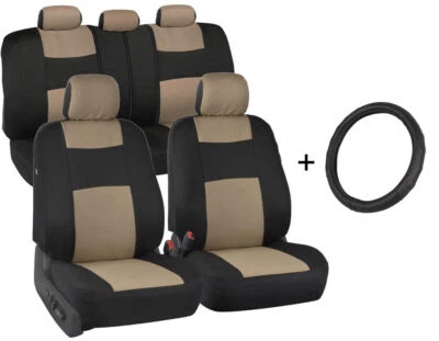 Front/Rear Car Seat Covers + Microfiber Leather Steering Wheel Cover Tan Beige - Image 1 of 4
