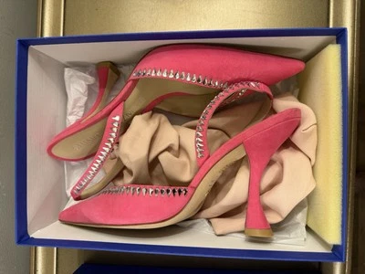 Stuart Weitzman GEMCUT XCURVE 100SLINGBACK Hot Pink Suede Swarovski Crystal 10 B - Image 1 of 4