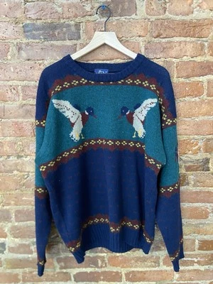 Vintage Woolrich Sweater Double Duck Goose Wool Nordic Red Cream Hunting Nature - Image 1 of 3
