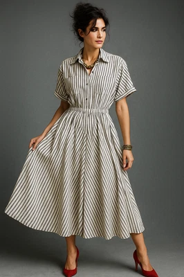 Vintage 1980s Norma Kamali Black & White Ticking Stripe Shirt Dress Sz 4 - Image 1 of 4