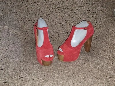 JEFFREY CAMPBELL - Plataforma de madera foxy tacón alto correa en T - gamuza roja - talla 39/9 - casi como nuevo Foto 1 de 4
