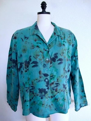 Tianello Diana Top Button Down Blouse Shirt XL Floral Garment Dyed Rayon Tencel - Image 1 of 4