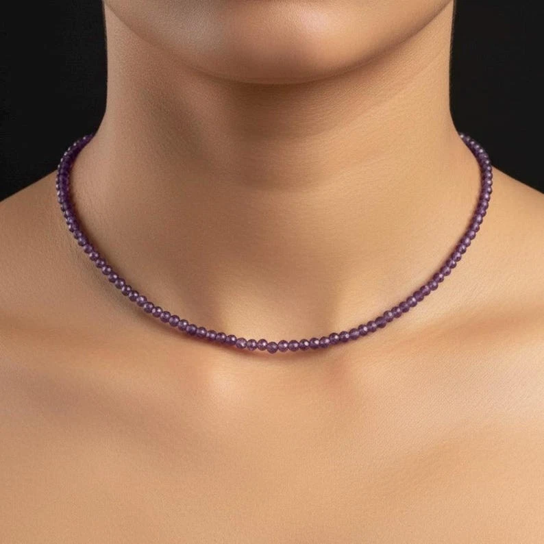 Изящный аметист ограненный круглый драгоценный камень бисер февраль камень ожерелье 24'' - Изображение 1 из 4