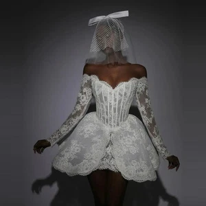 Short Lace A-Line Wedding Dresses Long Sleeves Mini Length Bridal Weddings - Picture 1 of 7