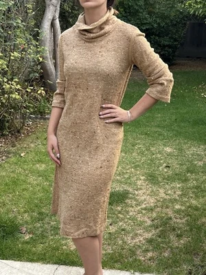 Vintage 70s Ann Wallace 40 W Knit Dress Tan Paris Made In France Boho - Image 1 of 4