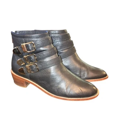 Botines Loeffler Randall Fenton 3 Tono Dorado Hebilla y Cuero Negro Talla 9 Foto 1 de 4