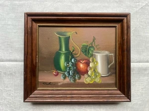 Dipinto olio natura morta vintage firmato vaso frutta vino arte vintage incorniciato - Foto 1 di 8