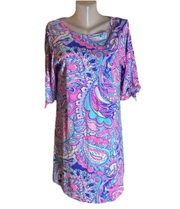 Lilly Pulitzer Sz L Pink & Blue Floral Pima Cotton 3/4 Sleeve Dress - Picture 1 of 6
