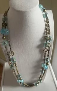 HATTIE CARNEGIE Long Glass Bead & Chain Necklace 56 Inch Turquoise & Goldtone - Picture 1 of 6