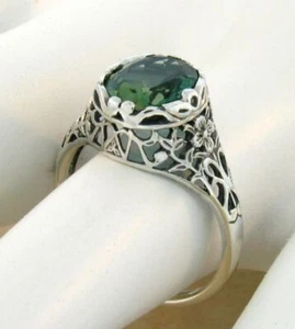 ART DECO STYLE 925 STERLING SILVER SOLITAIRE SIMULATED EMERALD RING 717X - Picture 1 of 27