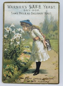 TARJETA COMERCIAL WARNER'S SAFE LEVADURA LÚPULO SECO DÉCADA DE 1880, JARDÍN DE FLORES Y NIÑA JOVEN - Imagen 1 de 2