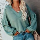 Fashion Ladies Loose V-Neck Knit Sweater Lantern Sleeve Tops Casual Pullover