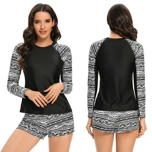Women Two Piece Swimsuit Long Sleeve Rash Guard Diving Suit Swim Top + Short - Picture 1 of 7