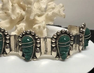 Vintage MEXIKO STERLING GESCHNITZTER GRÜNER ONYX "STAMMESMASKE" ARMBAND - 46,7 Gramm - Bild 1 von 12