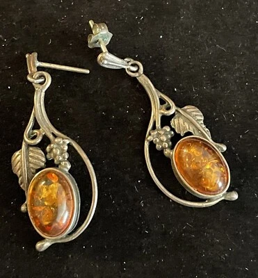 3 PAIRS! Of Sterling Silver Earrings. Amber Drop/Dangle Earrings & Silver Hoops — 第 1/4 张图片