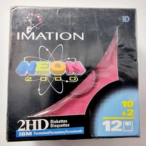 NEW SEALED BOX of 12 - 3.5” QUALITY CERTIFIED IMATION NEON 2HD 1.44 MB DISKETTES - Picture 1 of 10