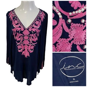 INC Top Womens XL Boho Shirt Pink Blue Festival Work Office Casual Coastal Knit - Picture 1 of 11