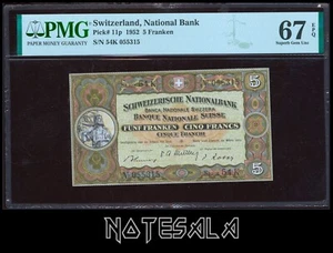 SWITZERLAND 5 FRANKEN 1952 Pick-11p PMG 67 SUPERB GEM UNC EPQ S/N 54K 055315 - Picture 1 of 2