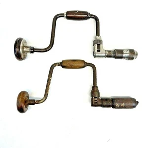 Lot Of 2 Vintage Hand Crank Ratcheting Drills With Wood Handles For Carpentry - Picture 1 of 8