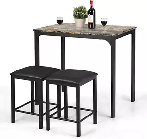 3 PCS Table Set Faux Marble Counter Home Kitchen Bar Dining Table with 2 Stools - Picture 1 of 9