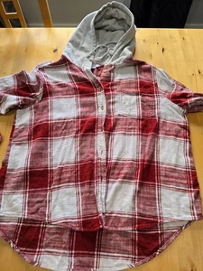 Time & Tru Flannel Women Sz 2X XXL Red White Plaid Button Up Hoodie Long Sleeve - Picture 1 of 6