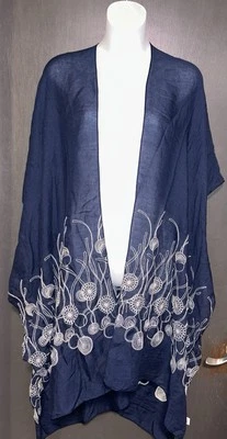 Azul Marino Bordado Floral Semi Transparente Kimono Largo Abierto Boho Caftán Talla Única Foto 1 de 4