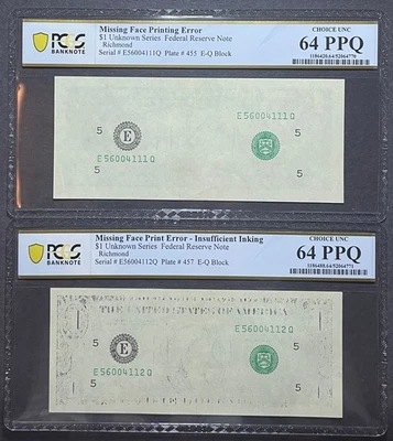 $1 FRN Sequential Pair - Missing Face Print & Insuff Inking Errors - PCGS 64 PPQ - Image 1 of 2