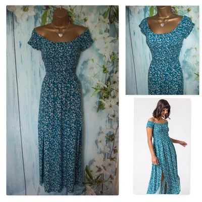 NEW ROMAN DRESS UK 16, Petrol blue Floral Shirred Bardot Off shoulder midi Maxi - Image 1 of 4