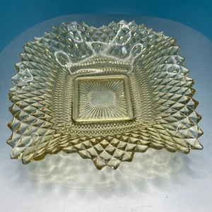 Vintage Indiana Glass Diamond Point Yellow Ruffle Square Candy Dish V107 - Picture 1 of 5