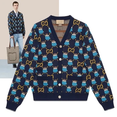 GUCCI MENS SWEATER COTTON WOOL PIKARAR LOGO JACQUARD CARDIGAN sz L LARGE - Image 1 of 4
