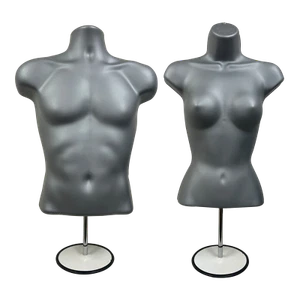 Torsos Hombre + Mujer Maniquí GRIS (PLATA) + 2 Soportes + 2 Ganchos para Colgar - Imagen 1 de 11