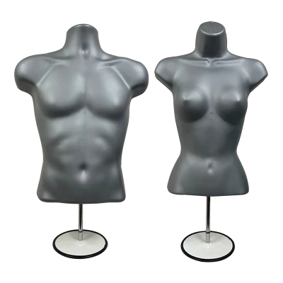 Male + Female Mannequin Torsos GREY (SILVER) + 2 Stands + 2 Hooks for Hanging  - Image 1 of 4