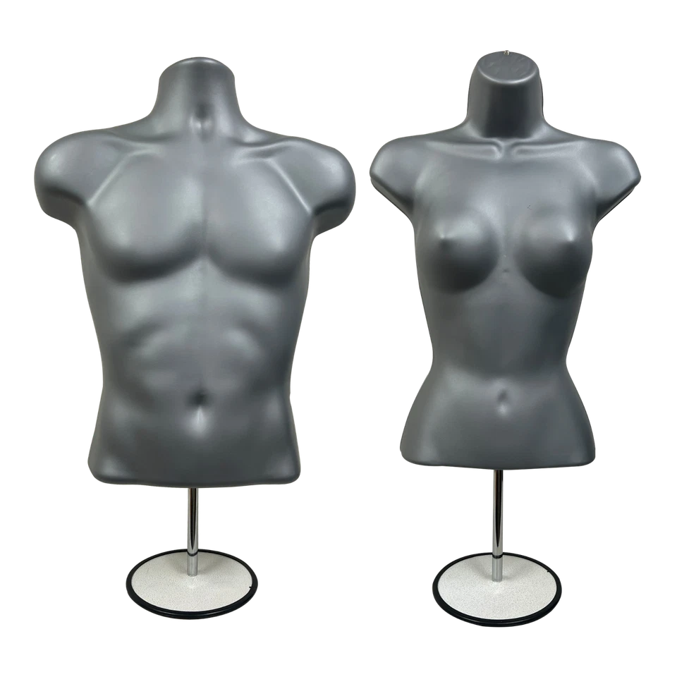 Male + Female Mannequin Torsos GREY (SILVER) + 2 Stands + 2 Hooks for Hanging  - Image 1 of 4