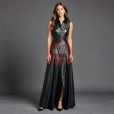 女式黑色羊皮皮革婚礼长裙前纽扣修身女士 Dres — 第 1/3 张图片