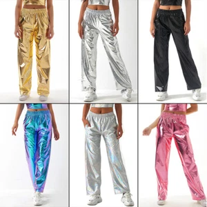 Shiny Straight Leg Pants Reflective Holographic Trousers Disco Elastic Waist - Bild 1 von 25