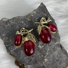 Vintage Lisner Red Cab Cherry Grape Lucite Clip-on Earrings Gold Tone