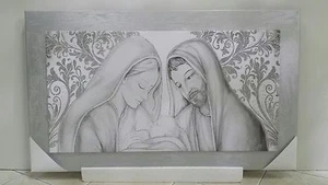 QUADRO SACRA FAMIGLIA CAPEZZALE DIPINTO SU TELA LEGNO DECORO ARGENTO ARREDO CASA - Imagen 1 de 1