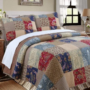 Hyler Patchwork Cotton 3 Piece Reversible Quilt Set, Bedspread, Coverlet - Picture 1 of 7