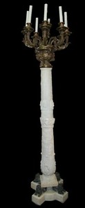 1900's Edward Caldwell Egyptian Revival Torchiere Floor Lamp -  Marble & Bronze