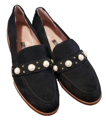 Zapatos Mocasines Kensie Gareth Talla 7.5 Tela Negra Imitación Blanco Perla Acentos Dorados Foto 1 de 4