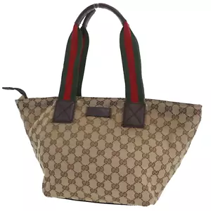 GUCCI Original GG Web Stripe Used Tote Handbag Brown Canvas Italy #BT459 A - Picture 1 of 18
