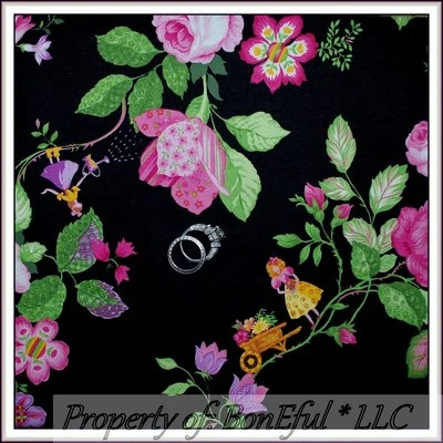 BonEful Fabric FQ 棉被子 复古 黑色 粉色 白色 B&W 女孩 花仙女花园 — 第 1/4 张图片