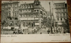 AK um ~1900: Berlin - Café Bauer - Straßenverkehr Kutsche Passanten belebt - Bild 1 von 2