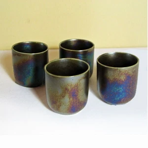 Set of 4 Japanese Tea Cups Beautiful Iridescent Glaze 3" Tall 9-1/4" Around, New - Picture 1 of 9