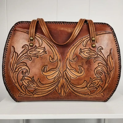 Bolso de Mano de Cuero Vintage Bolso Tocado a Mano Floral Marrón Cremallera Western Años 70 Dorado Foto 1 de 4